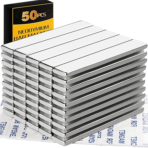 TRYMAG Neodymium Magnet, 50 Pack Strong Bar Magnets with Double-Sided Adhesive, Heavy Duty Metal Magnet Bar, Epoxy Coating Earth Magnets Perfect for Shower Door, Garage, Science, DIY - 60 x 10 x 3 mm