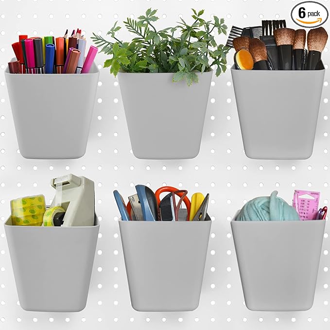 G.CORE Large Pegboard Cups Peg Board Storage Bin 6 Pack with Hooks, Square Box Shape Pegboard Cup Holder Accessories for Garage Workbench/Craft Room/Office/Playroom/Home Kitchen Organization (Grey)