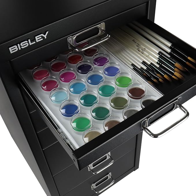 Bisley 8-Drawer Steel MultiDrawer Cabinet - Black, Chrome Pull Handles with Label Holders, Powder-Coated Steel, Removable Drawers, Fits Under Most Desks, Labels Included