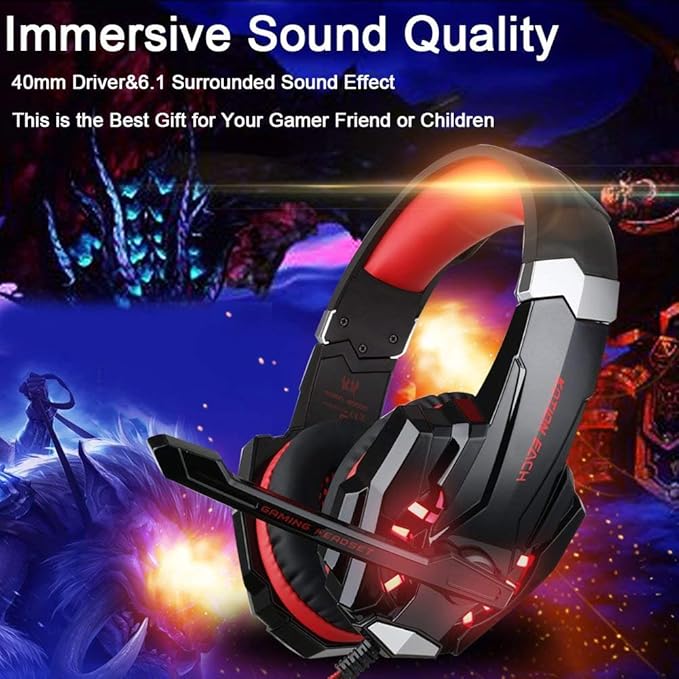 BlueFire Stereo Gaming Headset for PS4, PS5, PC, Xbox One, Noise Cancelling Over Ear Headphones with Mic, LED Light, Bass Surround, Soft Memory Earmuffs for Laptop Nintendo Switch (Black-Red)