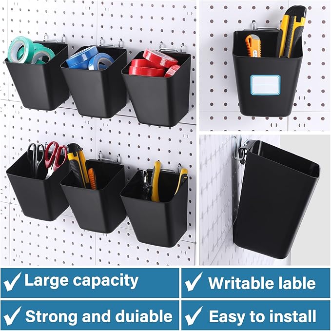 Namalu 12 Pack Peg Board Storage Bins with Labels and Hooks Square Box Shape Pegboard Cup Holder Accessories Pegboard Organizer for Craft Room Wall holder Workbench(4.7 x 4 x 5 Inch, Black)