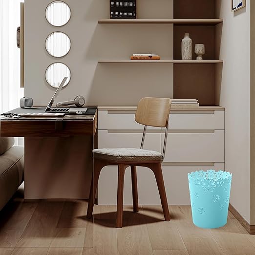 Simple Cute Wastebasket Hollow Flower Shape Plastic Lidless Wastepaper Baskets Trash Can 3.6 Gallons Garbage can (Blue, XL)
