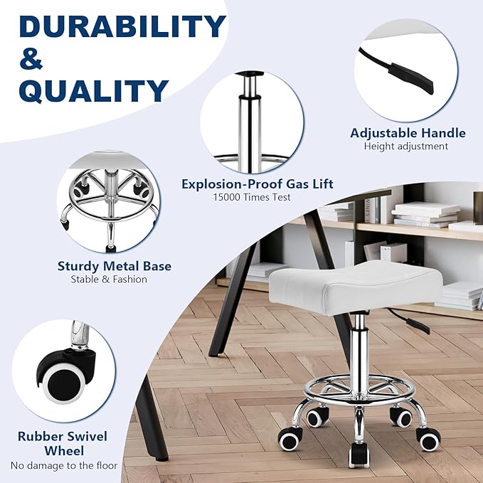 Square Salon Rolling Stool - 300lbs Weight Capacity，Adjustable Swivel Stool with Wheel，Pu Leahter Comfortable Cutting Stools for Salon Tattoo Stylist Massage Perfect for Work SPA (White)