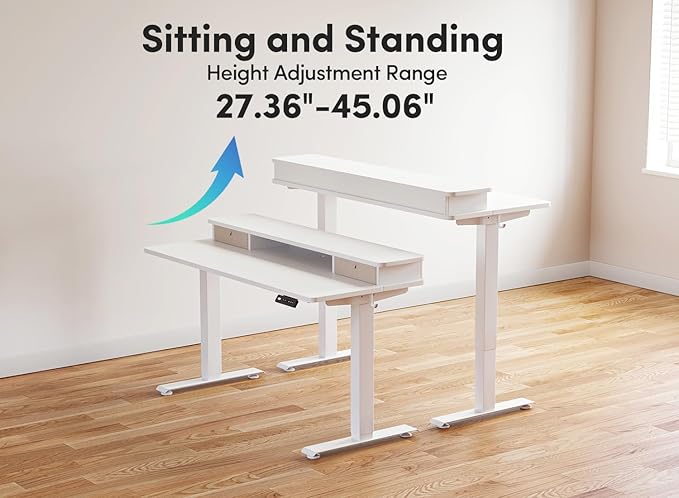 BANTI 40x24 Inch Electric Standing Desk with Dual Drawers, Height Adjustable Stand Up Table, Sit Stand Home Office Desk with Storage Shelf, White Frame/White Top