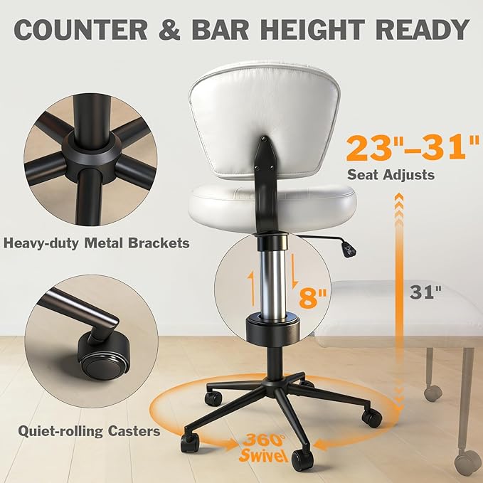 Meditation Chair with Footrest, 360° Swivel Height Adjustable Criss Cross Chair, White PU Padded Wide Seat, Home Office Desk Chair for Reading, Yoga, Peaceful Living