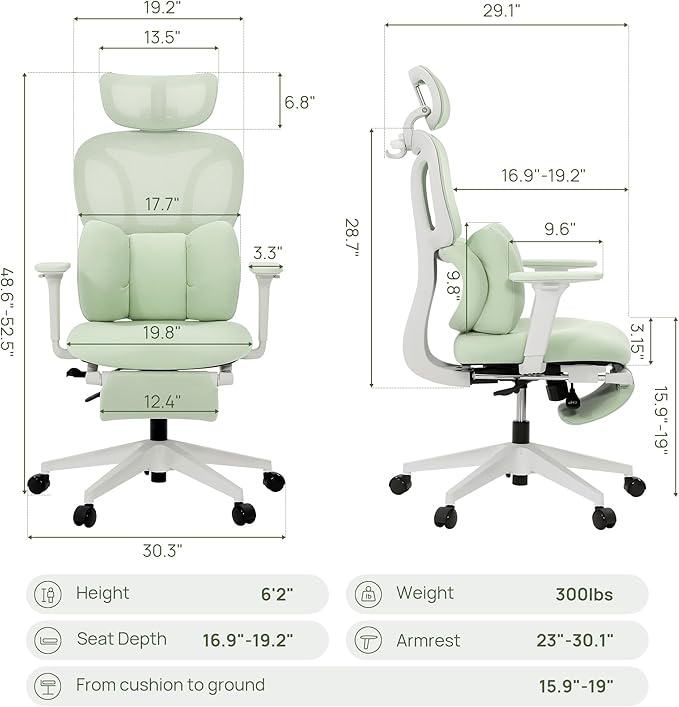 CabLady S1 Petite Ergonomic Home Desk Chair with Footrest and Headrest, High Back Fixed Lumbar Support with Detachable Pillow, Reclining Cute Office Chair for Women & Girls, 300 LBS Capacity