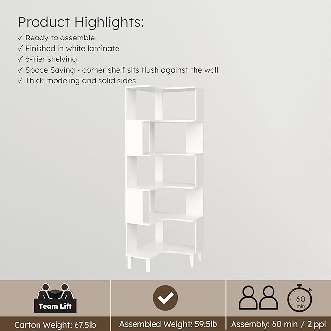 Prepac Nordik 6-Tier White Modern Mid Century Corner Bookcase, 71.5" Extra Tall White Corner Shelf with Storage, Multifunctional Freestanding Bookshelf for Home Office, Living Room, Bedroom
