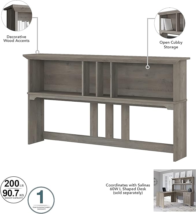 Bush Home Salinas 60W Hutch for L Shaped Desk in Driftwood Gray