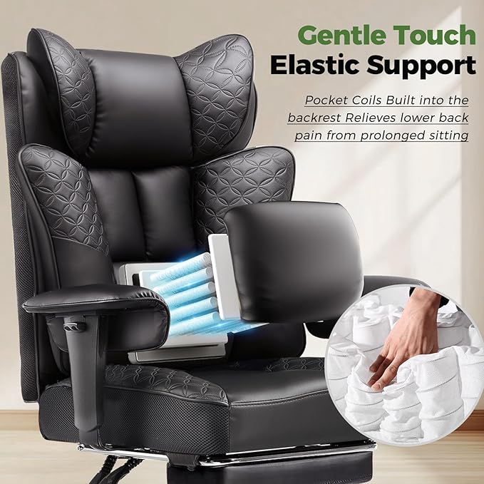 GTPLAYER Big and Tall Office Chair 400LBS Wide Ergonomic Gaming Chair with Deluxe Embossing Designed Leather with Foot Rest,150°Reclining Adjustable Soft Armrests Pocket Spring Back Support and Pillow