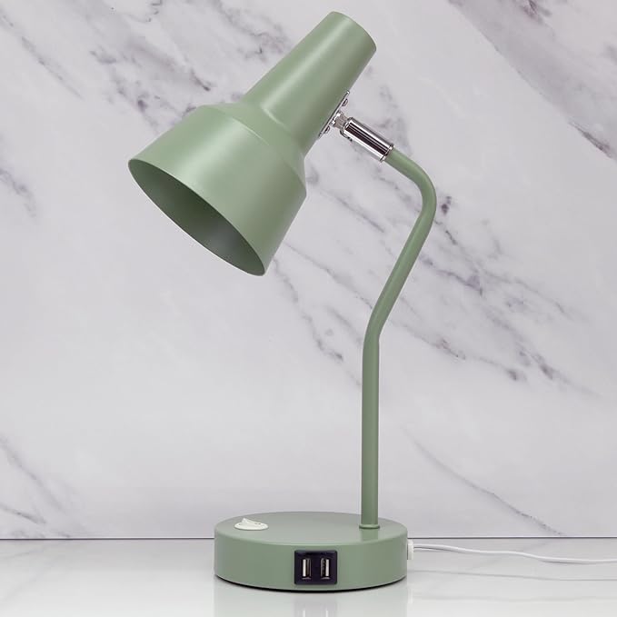 Simple Designs LD1072-SGE 15.2" Sleek Essentials Metal Cone Shade Desk Lamp with Adjustable Shade and Dual USB Ports, for Office, Desk, Nightstand, Dorm, Sage Green