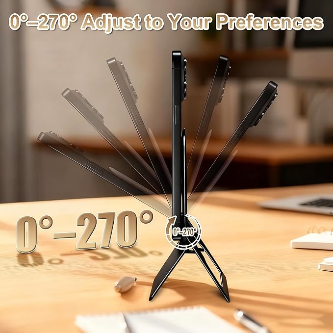 Magnetic Phone Stand, Compatible with All Smartphones 17/16/15/14/13/12 Series, Slim PU Leather Desk Stand with Multi-Angle Adjustment, Portable & Includes 1 Strong Magnetic Ring for Any Phone(Black)
