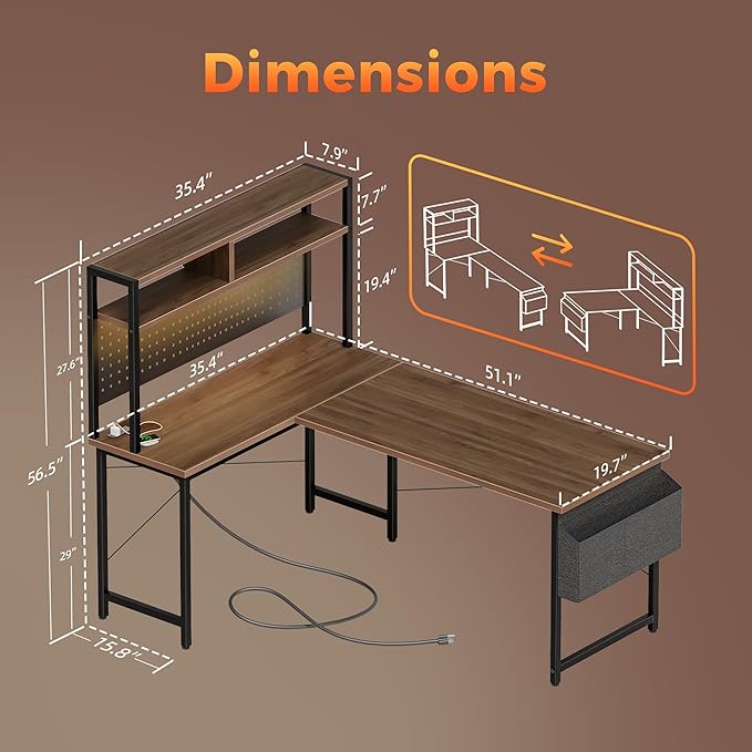 Mericonia 50 inch Large L Shaped Desk with Pegboard Hutch & Shelves, Corner Gaming Desk with Power Outlet, LED Light & Storage Bag, Reversible Computer Desk for Home, Bedroom, Office Workspace, Walnut