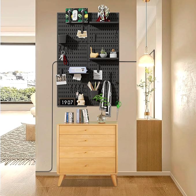 SHGJ&SOFT Peg Board Wall Organizer Panels, 50pcs - Includes 6 Black Pegboards & Accessories, Plastic Pegboard for Home，Office, Craft Room, Gaming Setup, 24″×24″, Wall Mount Display Pegboard Panel Kits