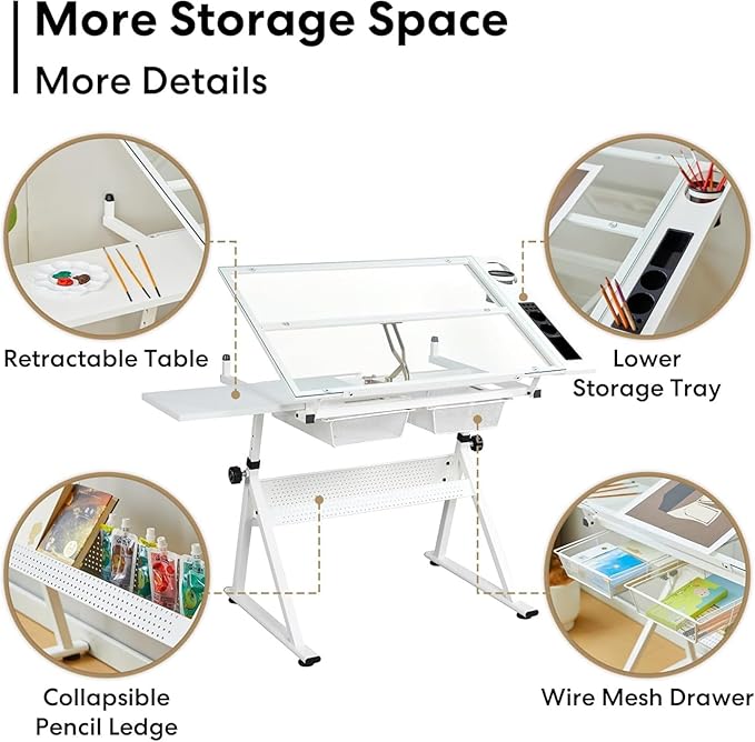 Glass Drafting Table and Stool Sets, Adjustable Height Drawing Table Art Craft Artist Desk Tilting Glass Tabletop with 2 Storage Drawers for Home Office (White-Type 2)