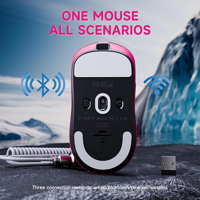 ATTACK SHARK X8Plus 55g Superlight Wireless Gaming Mouse with 40K DPI,PAW 3395PRO Sensor, Broadcom BK52820 Chip,HUANO Switch,Web Driver,Tri-Mode Fit Large Hand Mice with RGB Cable -Berry Red