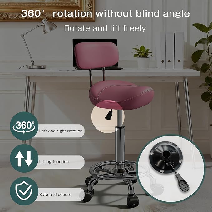 Saddle Stool with Back and Ring Pedal, Adjustable Hydraulic Rolling Chair with Wheels for Salon, Spa, Medical, Massage & Drafting Use Pink