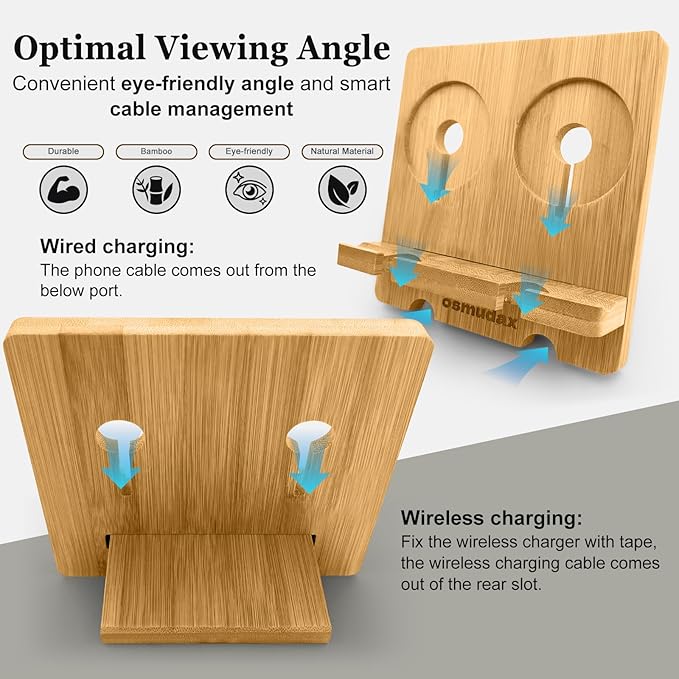 Bamboo Dual Cell Phone Holder for iPhone/iPad, Wood Wireless Charging Station Tablet Holder Nightstand, Double Phone Holder Desktop Stand for iPhone 17/16/15/14/13/12/11 Series and Android