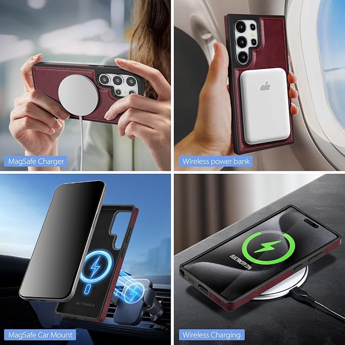 SkyEagle Compatible with Magsafe 2 in 1 Detachable Samsung Galaxy S25 Ultra Wallet Case with Card Holder,Women Men Magnetic PU Leather RFID Blocking Flip Kickstand Credit Slots,Wine Red