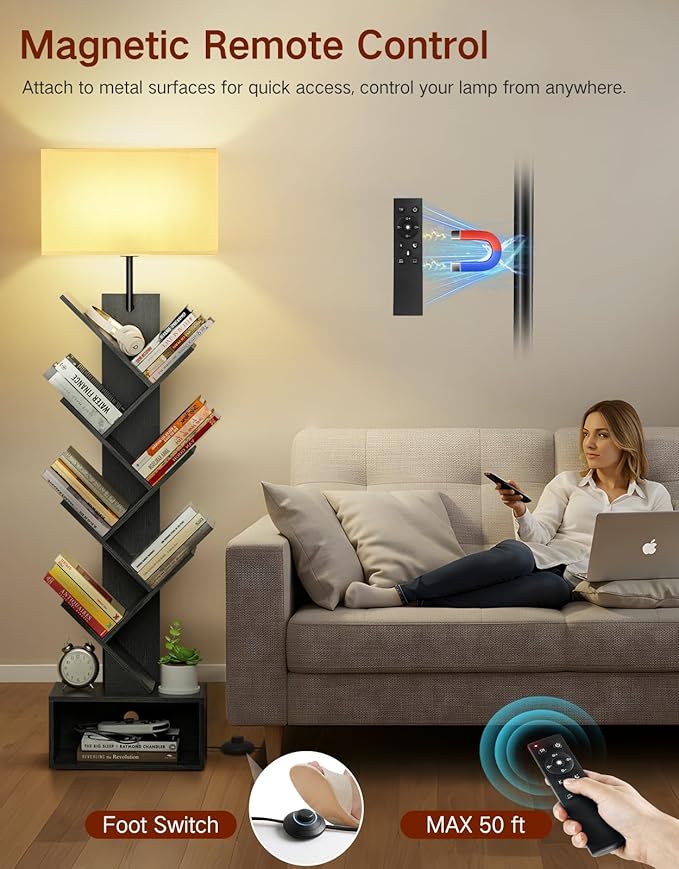 6 Tier Tree Bookshelf with Light, Remote & Timer, Modern Tall Floor Standing Book Shelf, Narrow Wood Bookcase, Small Book Organizer Shelves for Living Room, Bedroom, Office (Black)