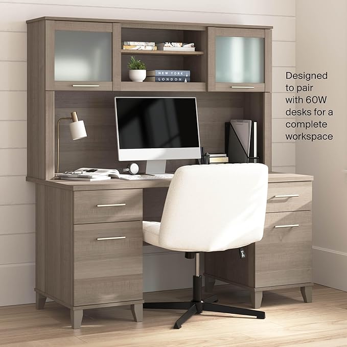 Bush Home 60-Inch Desk Hutch, Office Storage Organizer with Shelves, Cubbies and Frosted Glass Doors for Computer Desk, Home Office Furniture, Somerset Collection, Ash Gray