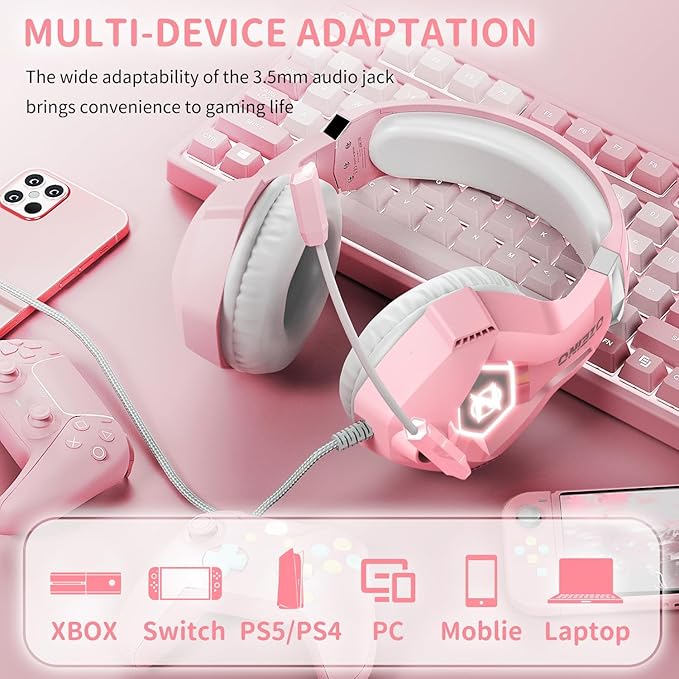 Ozeino Gaming Headset for PC, Ps4, Ps5, Xbox Headset with 7.1 Surround Sound, Gaming Headphones with Noise Cancelling Mic RGB Light Over Ear Headphones for Xbox Series X/S, Switch-Pink