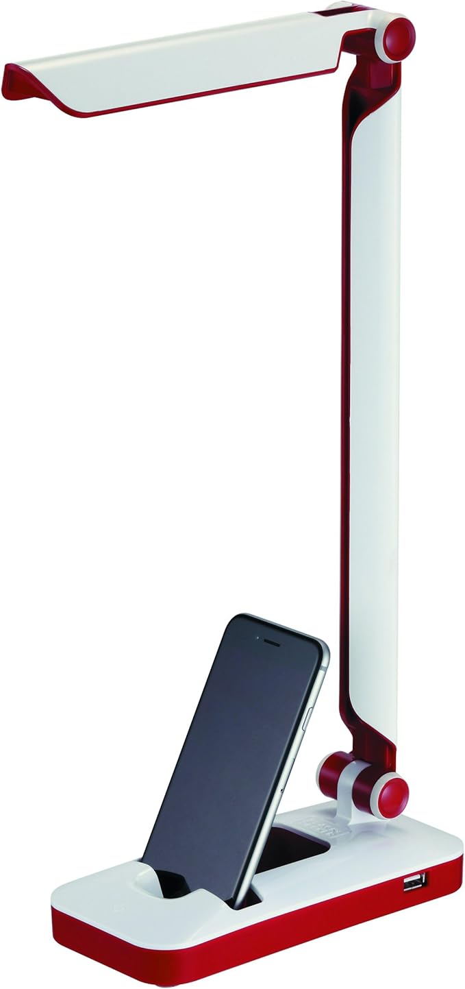 Black and Decker Office LED3FOLD-WHTRED PureOptics Verve 5W Flicker-Free Natural Daylight LED Desk Lamp with USB Charging Port, Phone Stand, 2 Dimming Levels (267 Lumens), 16" x 9" x 3.5" , White/Red