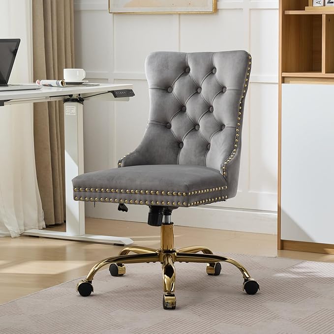 Goujxcy Desk Chair, Modern Velvet Upholstered Tufted Button Home Office Chair, 360° Swivel Armless Desk Chairs, 120°Rocking Ergonomic Computer Task Vanity Chairs, Gray