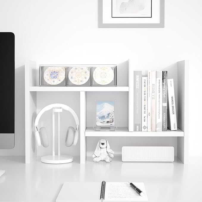 Jerry & Maggie Desktop Organizer Office Storage Rack Adjustable Wood Display Shelf Free Style Double H, Multi-Functional Mini Bookshelf for Desk Natural Stand (White/2 Pack)