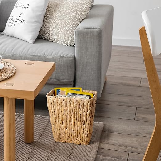3 Gallon Wicker Trash Can, Woven Water Hyacinth Wicker Waste Basket for Bathroom, Small Trash Can for Bedroom, Rectangular Garbage Can for Boho Decor Bedroom Bathroom