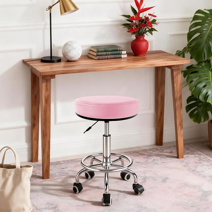 Heavy Duty Round Rolling Stool 500lb, PU Leather 360-degree Support Full-Edge Cover Layer Drafting Chair with Wheels, Height Adjustable Swivel Stool with Footrest, 5-min Easy Assembly (Pink)