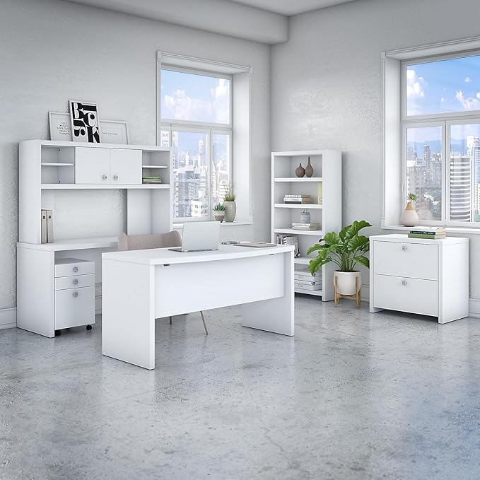 Bush Business Furniture Echo Bow Front Desk, Credenza with Hutch, Bookcase and File Cabinets in Pure White