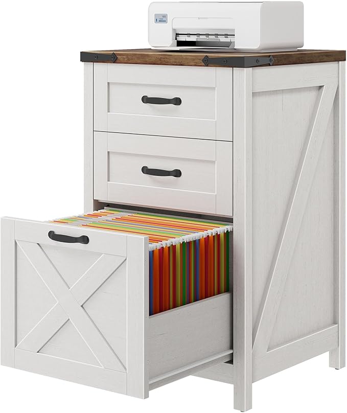 Vabches Vertical File Cabinet with 3 Drawers, Wooden Farmhouse Filing Cabinet for Letter/A4 Size Hanging Files, Under Desk Printer Stand with Storage for Home Office, Rustic White