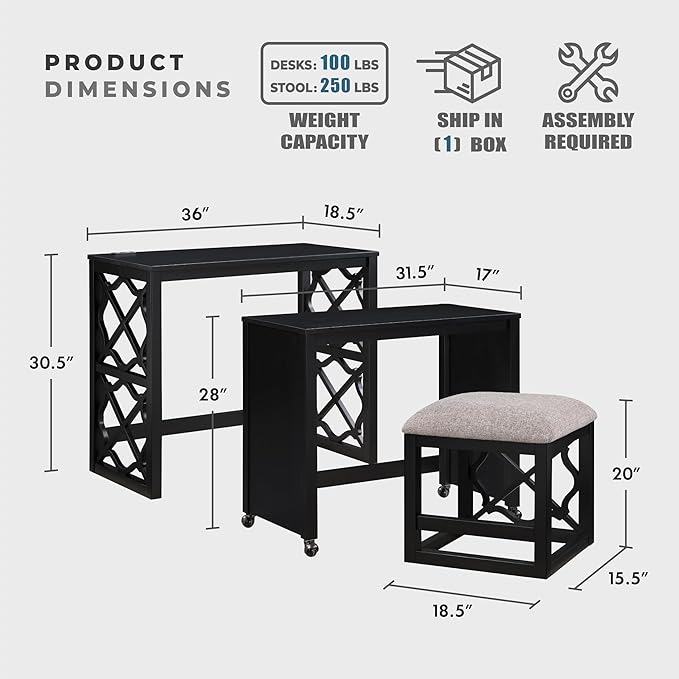 Lexicon Space-Saving Home Office Wood Desk Set, Modern Makeup Vanity Desk with Padded Vanity Stool, USB Charging Port, Nesting Table, Rolling Small Computer Table for Writing/Study/Bedroom, Black