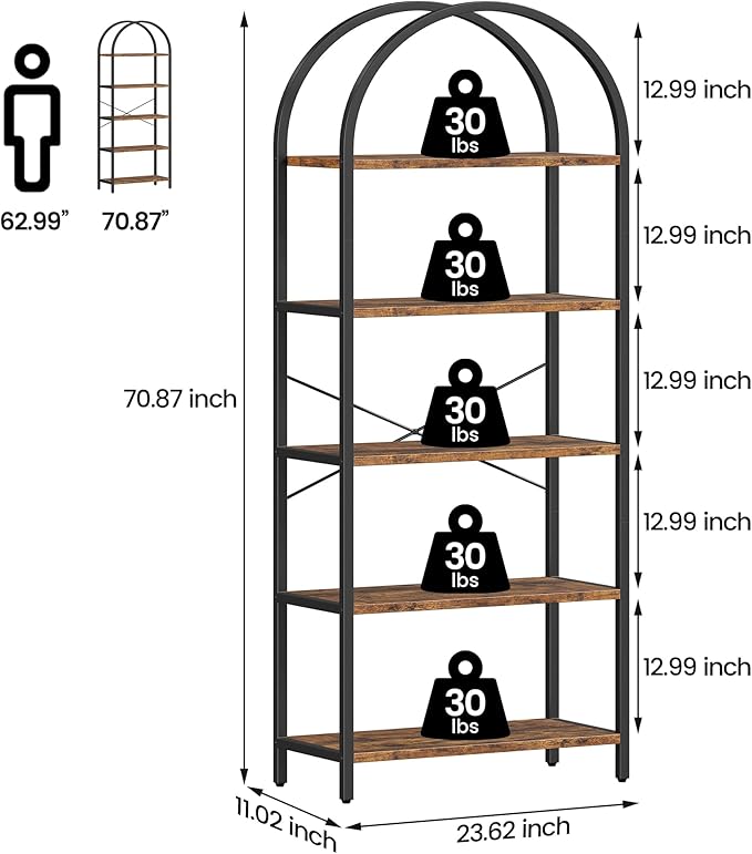 IDEALHOUSE Bookshelf 5 Tier Bookcase Arched Display Racks Tall Standing Bookshelves Metal Frame Modern Storage Rack Shelf Large Wood Book Shelf for Bedroom, Living Room, Home Office (Rustic Brown)