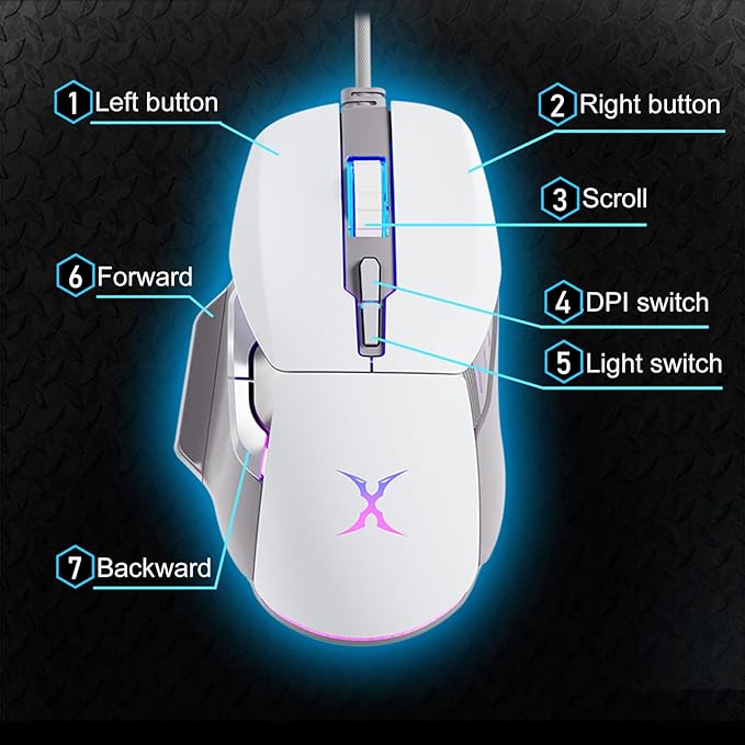 FOXXRAY BM-88 RGB Gaming Mouse, 7200 DPI, Musicsync Backlit, Wired Optical Mouse with 7 Programmable Buttons, 13 Lighting Effects, Braided Cable, Gaming Mouse for PC/Laptop - White