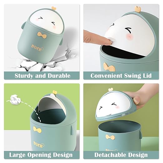 Cute Desktop Trash Can Wastebasket with 90 Trash Bags, Creative Mini Countertop Garbage Can with Lid, Small Plastic Storage Bin for Home Kitchen Dressing Office Kids Bedroom(Green)
