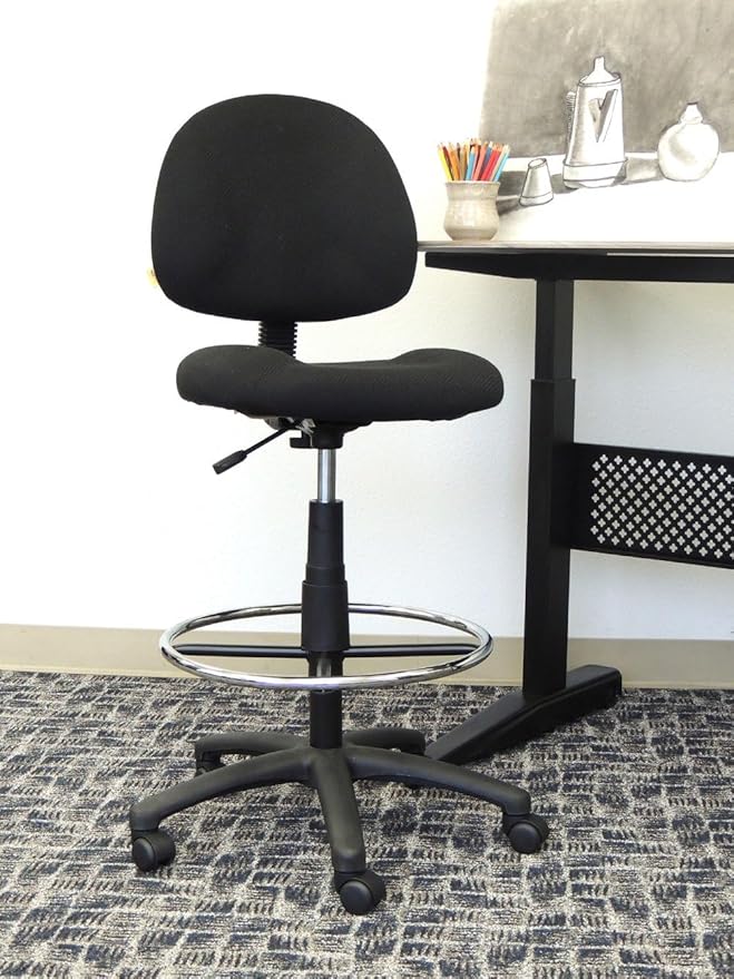 BOWERY HILL Rolling Drafting Stool, Contoured Comfort Tweed Fabric Seat, Adjustable Height 26.5"-31.5", Chrome Footring & Black Nylon Base, Dual Wheel Casters, 250 lb Capacity, Ergonomic Office Chair
