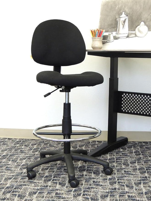 BOWERY HILL Rolling Drafting Stool, Contoured Comfort Tweed Fabric Seat, Adjustable Height 26.5"-31.5", Chrome Footring & Black Nylon Base, Dual Wheel Casters, 250 lb Capacity, Ergonomic Office Chair