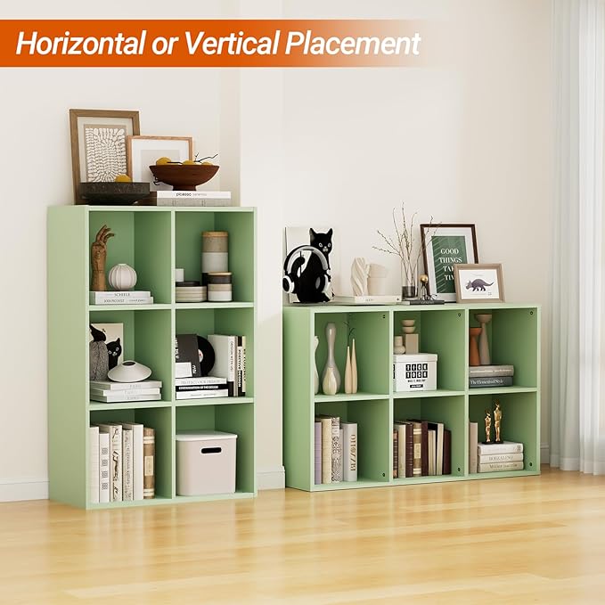 Wooden 6 Cube Storage Organizer with Closed Back Panel, Modern Open Cube Storage Shelf Bookshelf with Compartments, Cube Shelf Organizer for Living Room, Bedroom, Study Room (Green)