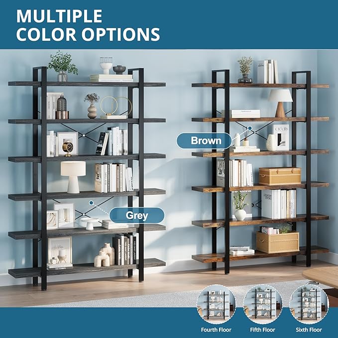 FURSUN Heavy Duty 4 Tier Bookcase, 55-in Tall Industrial Modern Large Bookshelf, Wood Farmhouse Bookcases Book Shelves and Metal Frame for Office, Bedroom, Living Room, Grey