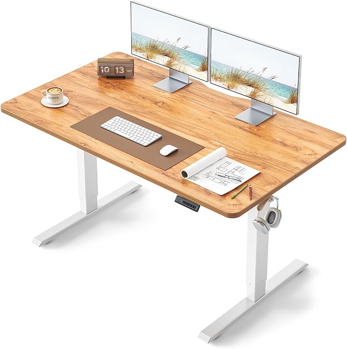 BANTI 55 × 28 Inches Standing Desk, Ergonomic, Electric Height Adjustable, Sit and Stand Up, Computer Desk with a Deeper Desktop, White Frame/Light Rustic Top