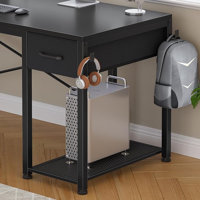 SEDETA L Shaped Gaming Desk, 51.2" Reversible Small Corner Desk with Drawer, Power Outlet & LED Lights, Computer Desk with Storage Shelves for Small Space, Black