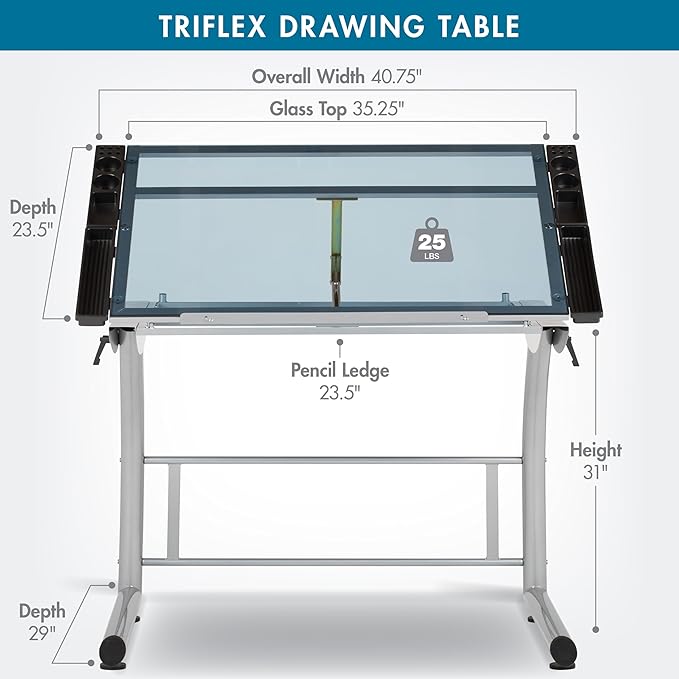 SD Studio Designs Triflex Drawing Table, Sit to Stand Up Adjustable Office Home Computer Desk, 35.25" W X 23.5" D, Silver/Blue Glass