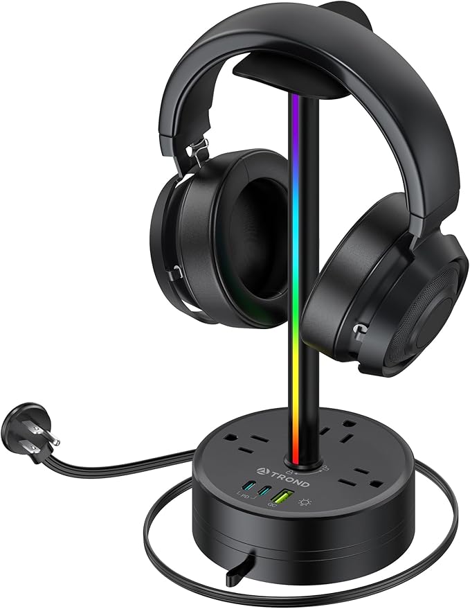 TROND Headphone Stand with PD 20W USB C Charger, RGB Gaming Headset Holder with 3 AC Outlets Extension, 5ft Retractable Power Strip Suitable for Gamer Desktop Table Game Earphone Accessories Gift
