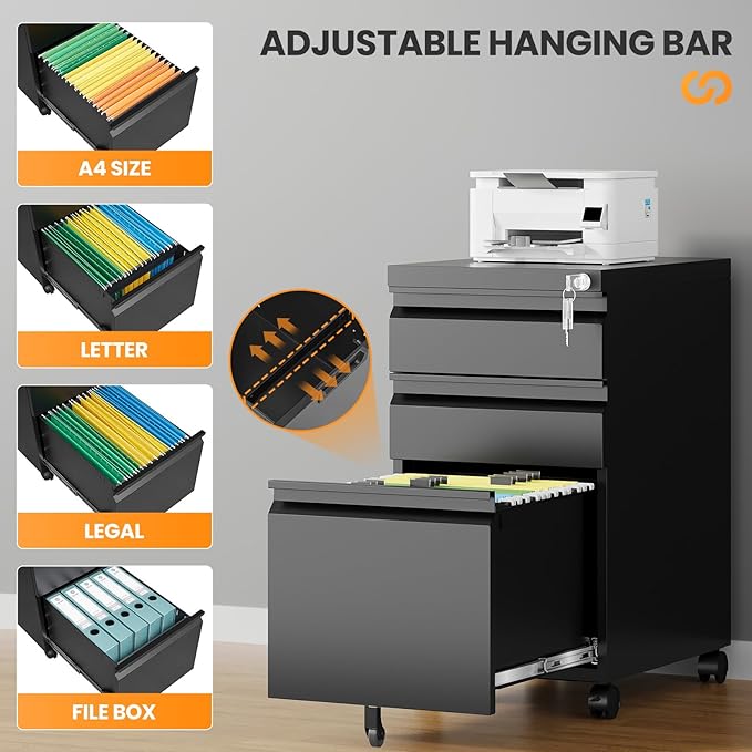 3 Drawer Mobile File Cabinet with Lock, Rolling Filing Cabinets for Home Office, Under Desk Small File Cabinet Three Drawers for Legal/Letter/A4 File, Black - Assembly Required