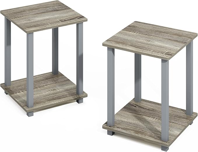 Furinno Turn-N-Tube 2-Pack Book Shelf, 2-Tier Bookshelf with Open Shelf, Toolless Stackable Bookcase, 15.6 x 15.6 x 19.6, for Home Office, Living Room, Bedroom, French Oak/Grey