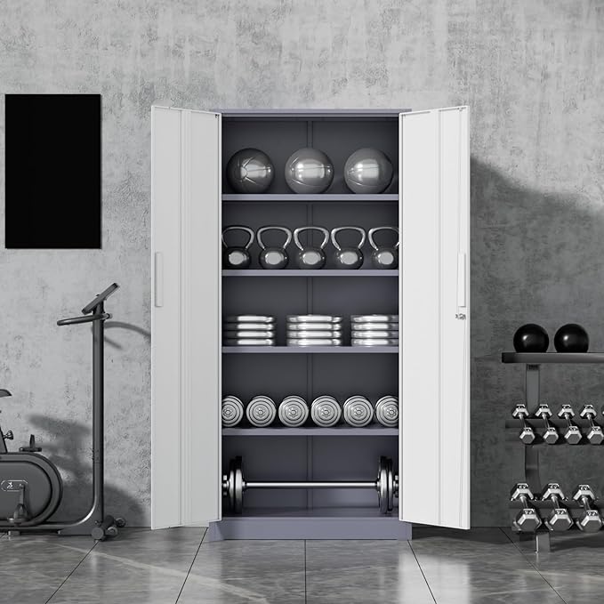 SUNCROWN 72" Metal Storage Cabinet - Heavy-Duty Metal Garage Cabinet with 4 Adjustable Shelves & 2 Doors for Tools, Office, Home, Workshop,Grey & White-Small