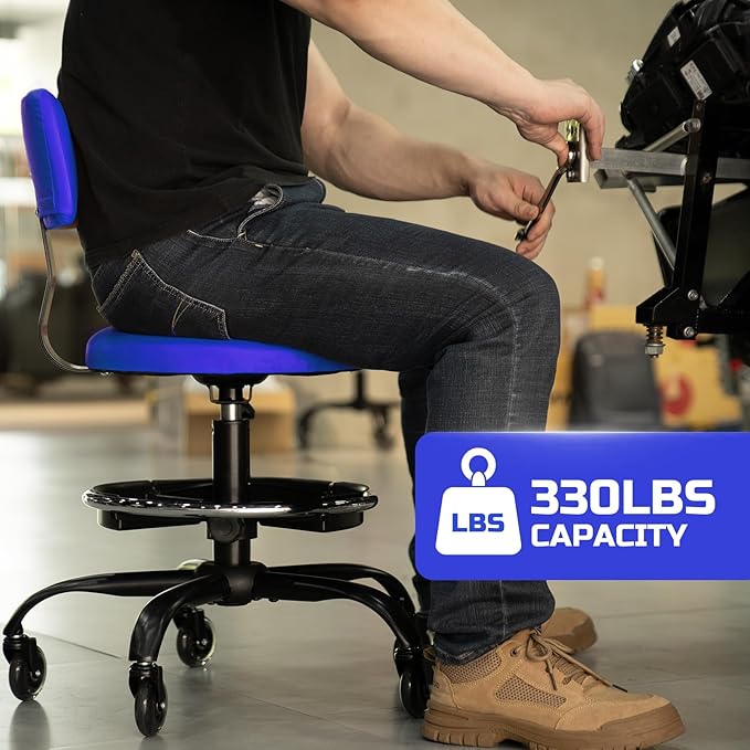 Rolling Shop Stool with Wheels, Garage Mechanic Stool Chair with Backrest, Height Adjustable Heavy Duty Swivel Task Chair, Adjustable Footrest with Storage Tray for Garage Kitchen Salon Tattoo (Blue)