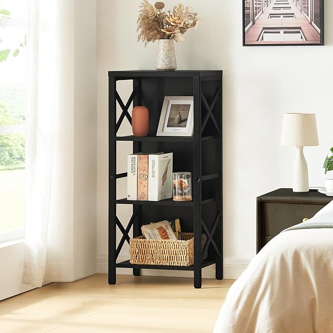 MNEETRUNG Small Bookshelf,4 Tier Industrial Bookcase with Metal Frame and Backboard,Narrow Black Book Shelf,Office Book case for Small Spaces,Living Room,Bedroom and Home Office