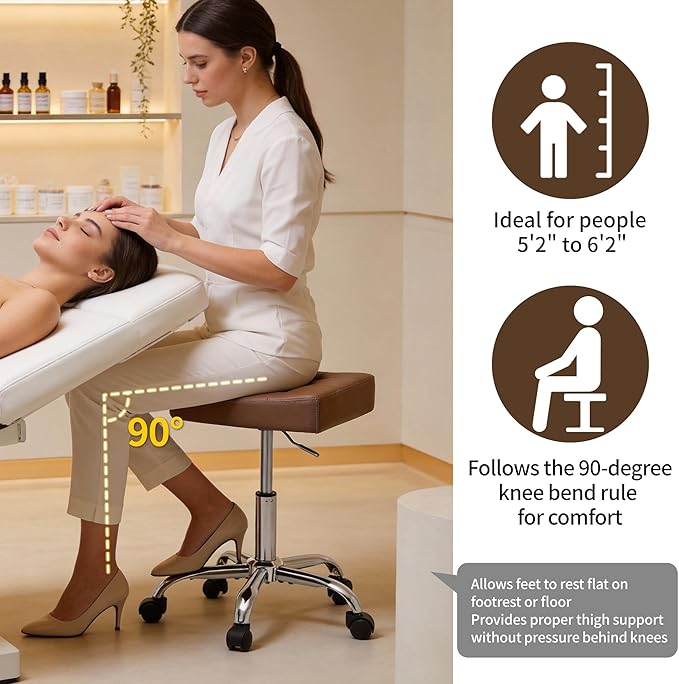 FIRAVOE Vanity Stool with Wheels (Adjustable Height 17-21 inch) (300lbs Capacity) Faux Leather Nail Tattoo Vanity Massage Stool (Coffee Brown)